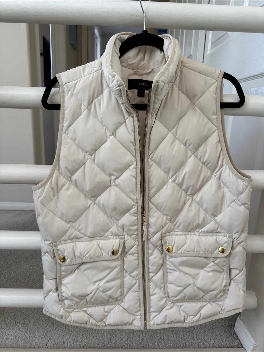 J. Crew Quilted Cream Puffer Vest with Gold-Tone Snaps